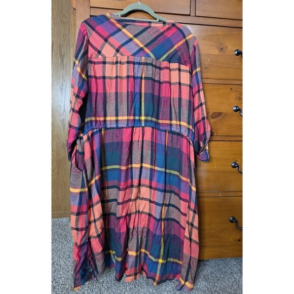 Torrid Plaid Dress Size 2 Orange Blue Zip Pockets Roll Sleeves Cinch Waist - Picture 4 of 9